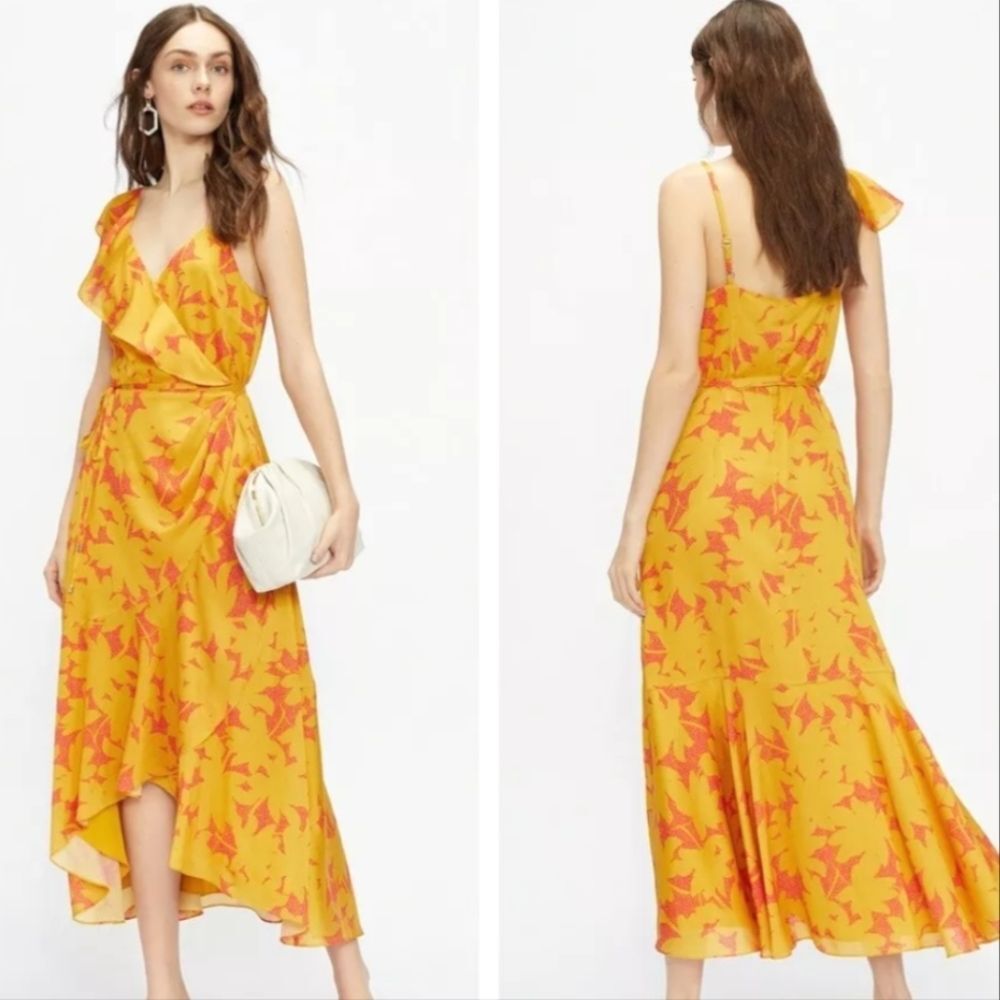 Ted Baker Saraaa Ruffle Midi Dress in Orange Yellow Floral Asymmetric Sleeve